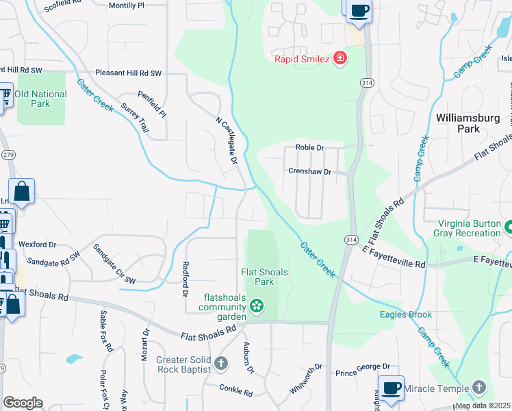 map of restaurants, bars, coffee shops, grocery stores, and more near 5950 Milligan Court in Atlanta