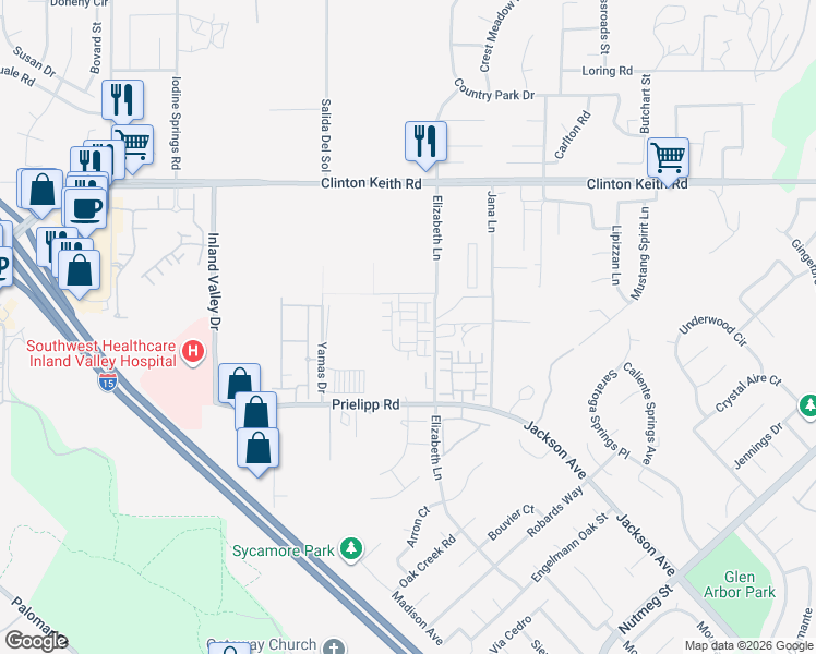map of restaurants, bars, coffee shops, grocery stores, and more near 36351 Elizabeth Lane in Wildomar