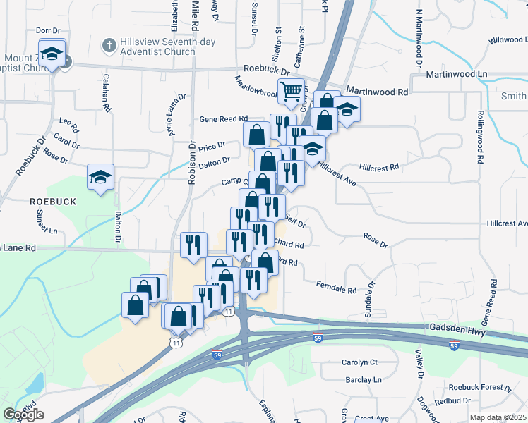 map of restaurants, bars, coffee shops, grocery stores, and more near 9433 Parkway East in Birmingham