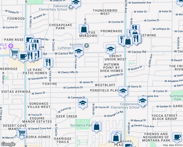map of restaurants, bars, coffee shops, grocery stores, and more near 6933 West Sunnyside Drive in Peoria