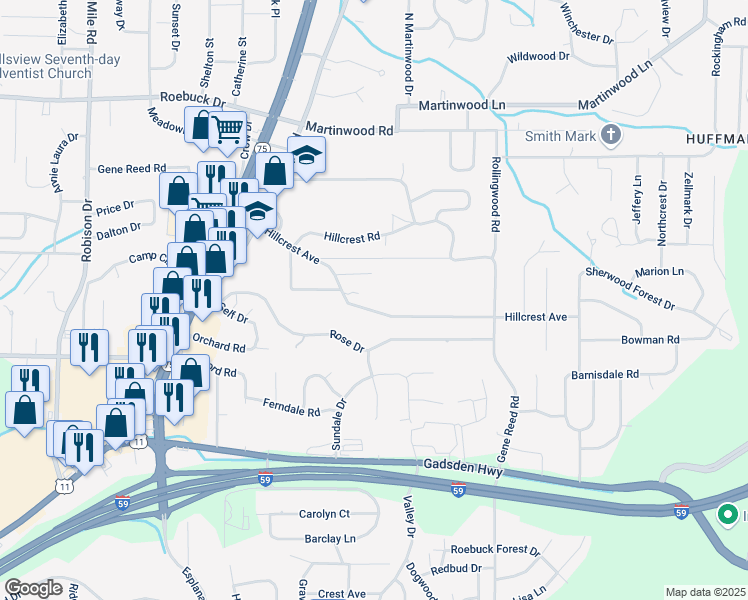 map of restaurants, bars, coffee shops, grocery stores, and more near 917 Hillcrest Avenue in Birmingham