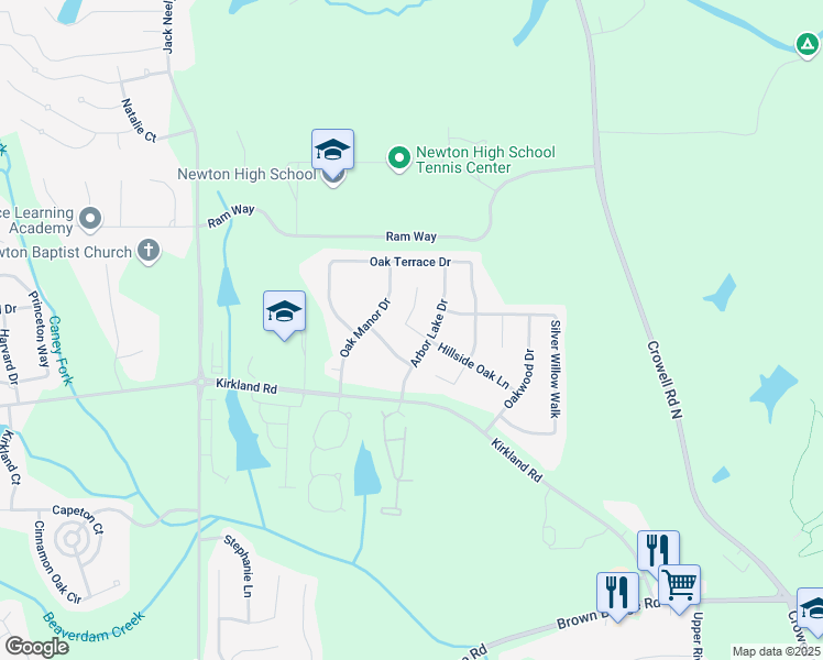 map of restaurants, bars, coffee shops, grocery stores, and more near 211 Hillside Oak Lane in Covington