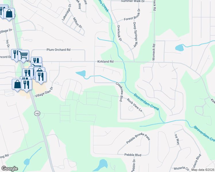 map of restaurants, bars, coffee shops, grocery stores, and more near 220 Creekview Boulevard in Covington