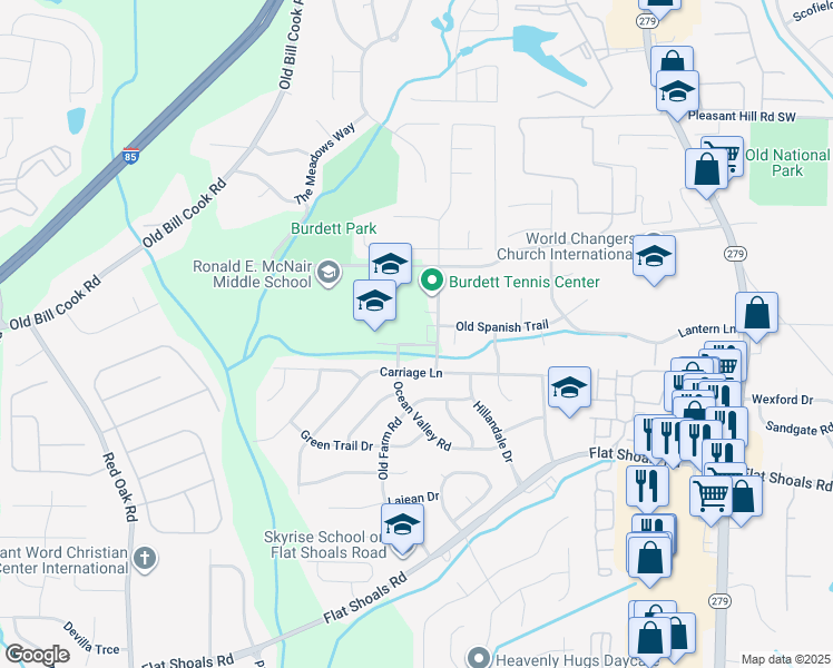 map of restaurants, bars, coffee shops, grocery stores, and more near 5925 Old Carriage Drive in Atlanta