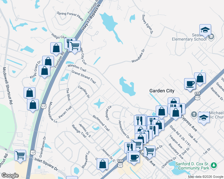 map of restaurants, bars, coffee shops, grocery stores, and more near 316 Stratford Place in Murrells Inlet