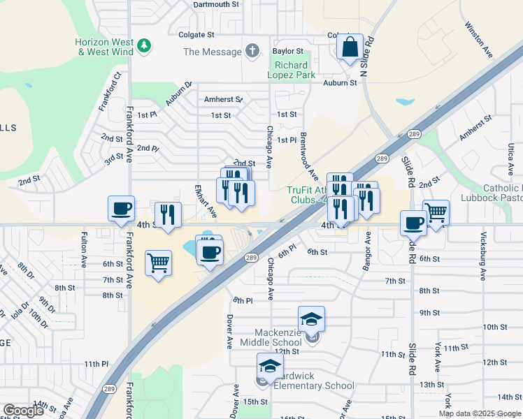map of restaurants, bars, coffee shops, grocery stores, and more near 5502 4th St in Lubbock