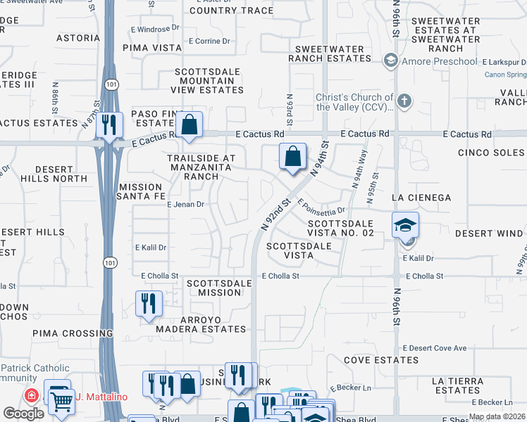 map of restaurants, bars, coffee shops, grocery stores, and more near 11684 North 93rd Place in Scottsdale