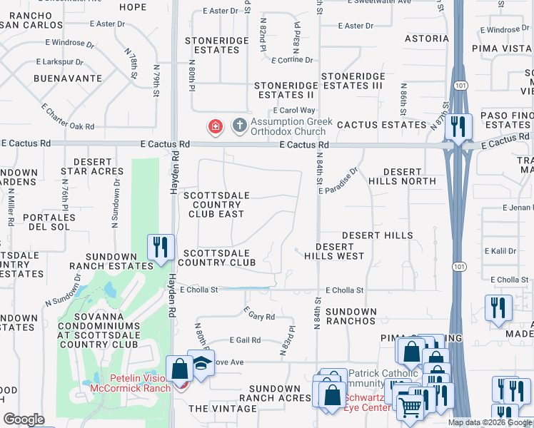 map of restaurants, bars, coffee shops, grocery stores, and more near 8262 East Cortez Drive in Scottsdale