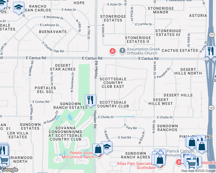 map of restaurants, bars, coffee shops, grocery stores, and more near 11748 North 80th Place in Scottsdale