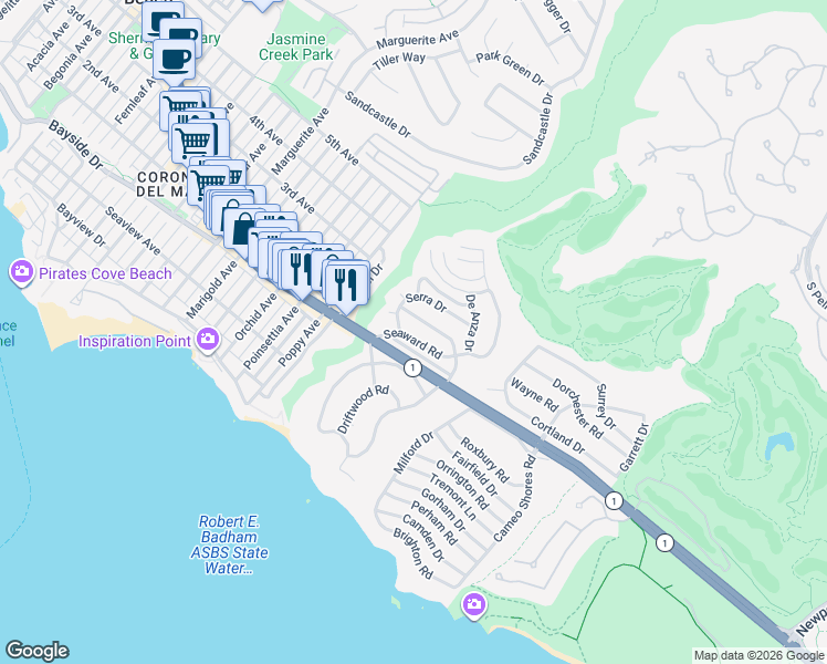map of restaurants, bars, coffee shops, grocery stores, and more near 4148 Shorecrest Lane in Newport Beach
