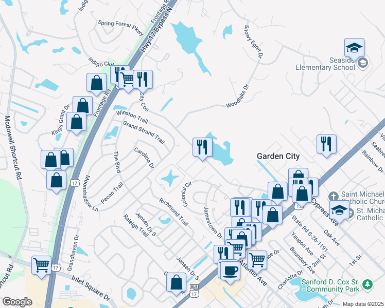 map of restaurants, bars, coffee shops, grocery stores, and more near 316 Stratford Place in Murrells Inlet