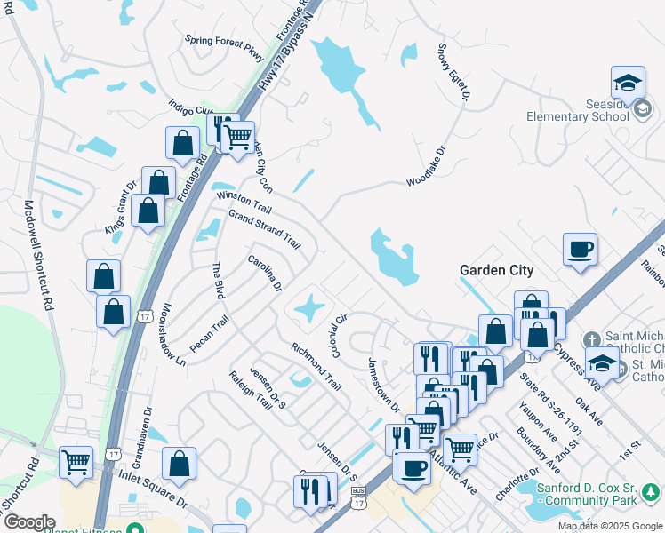 map of restaurants, bars, coffee shops, grocery stores, and more near 5005 Pine Lake Drive in Myrtle Beach