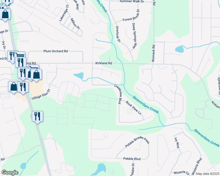 map of restaurants, bars, coffee shops, grocery stores, and more near 240 Creekview Boulevard in Covington
