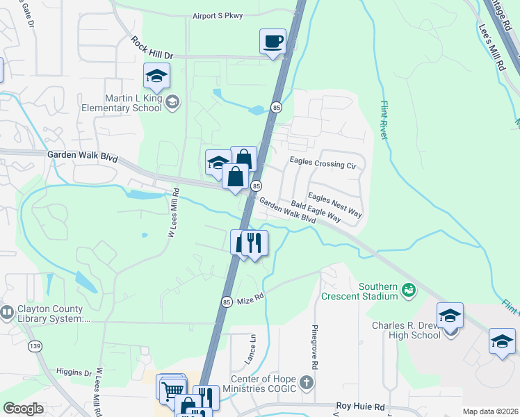 map of restaurants, bars, coffee shops, grocery stores, and more near 5942 Georgia 85 in Riverdale