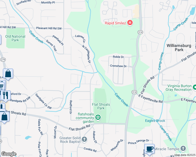 map of restaurants, bars, coffee shops, grocery stores, and more near 5950 Milligan Court in Atlanta