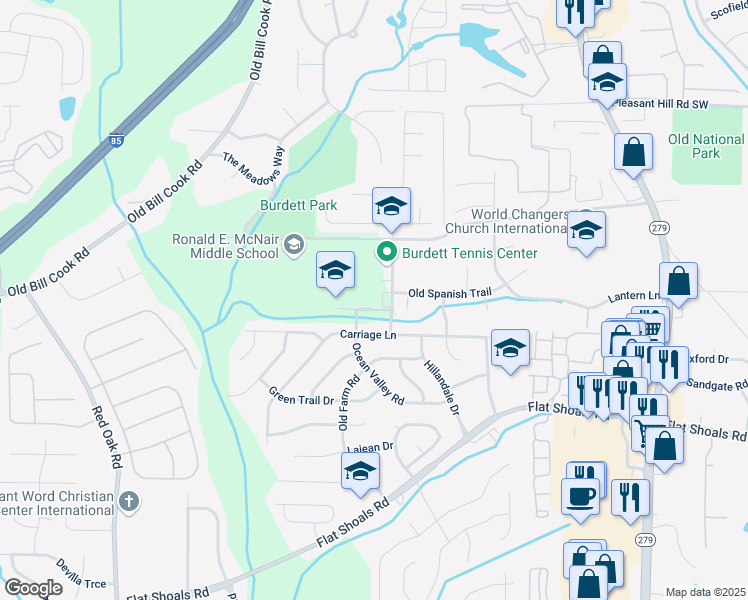 map of restaurants, bars, coffee shops, grocery stores, and more near 2821 Carriage Lane in College Park