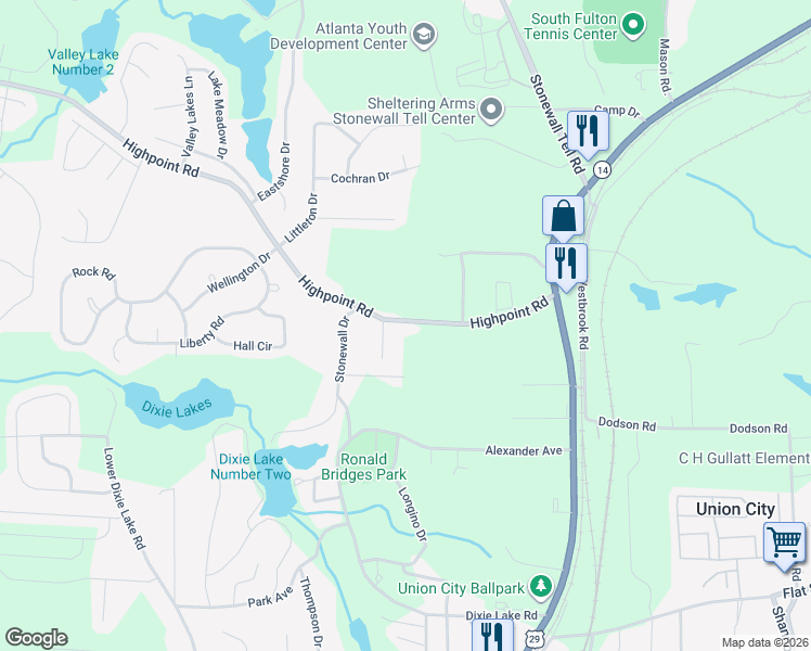 map of restaurants, bars, coffee shops, grocery stores, and more near 5100 Highpoint Road in Union City