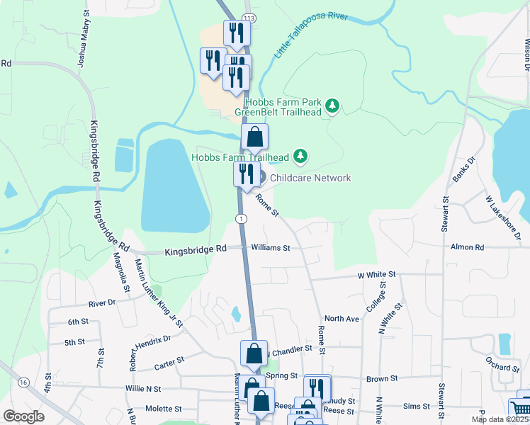 map of restaurants, bars, coffee shops, grocery stores, and more near 1154 Rome Street in Carrollton