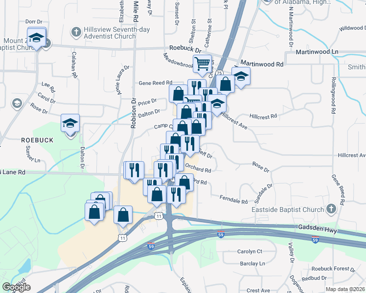 map of restaurants, bars, coffee shops, grocery stores, and more near 9433 Parkway East in Birmingham