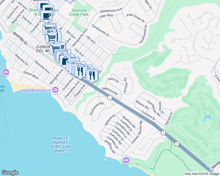 map of restaurants, bars, coffee shops, grocery stores, and more near 433 Seaward Road in Newport Beach