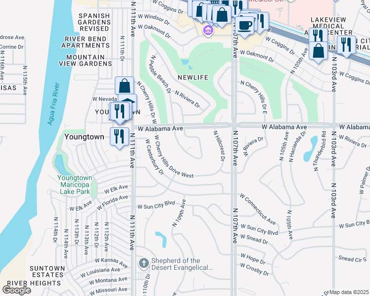map of restaurants, bars, coffee shops, grocery stores, and more near 12045 North Pebble Beach Drive in Sun City