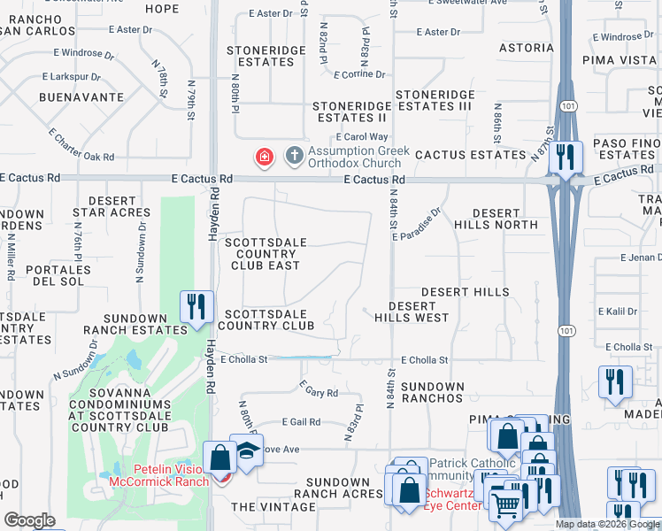 map of restaurants, bars, coffee shops, grocery stores, and more near 8262 East Cortez Drive in Scottsdale