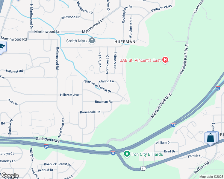 map of restaurants, bars, coffee shops, grocery stores, and more near 820 Sherwood Forest Drive in Birmingham