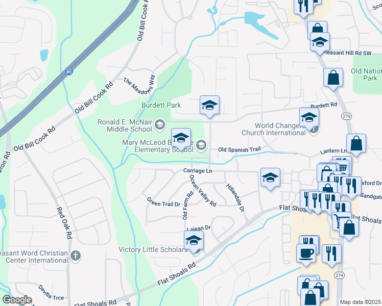 map of restaurants, bars, coffee shops, grocery stores, and more near 5925 Old Carriage Drive in Atlanta