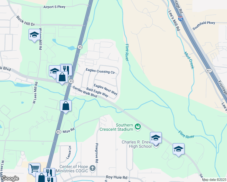 map of restaurants, bars, coffee shops, grocery stores, and more near 367 Eagles Nest Way in Riverdale