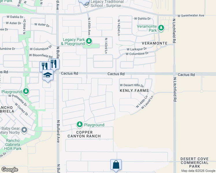 map of restaurants, bars, coffee shops, grocery stores, and more near 11953 North 144th Drive in Surprise