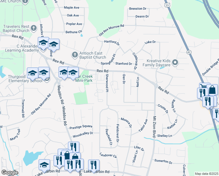 map of restaurants, bars, coffee shops, grocery stores, and more near 5954 Sherwood Place in Ellenwood