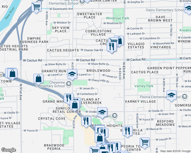 map of restaurants, bars, coffee shops, grocery stores, and more near 8503 West Cherry Hills Drive in Peoria