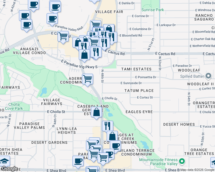 map of restaurants, bars, coffee shops, grocery stores, and more near 4630 East Altadena Avenue in Scottsdale