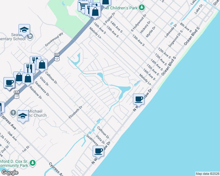 map of restaurants, bars, coffee shops, grocery stores, and more near 1790 Falcon in Surfside Beach