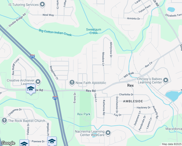 map of restaurants, bars, coffee shops, grocery stores, and more near 5905 Meadowview Road in Rex
