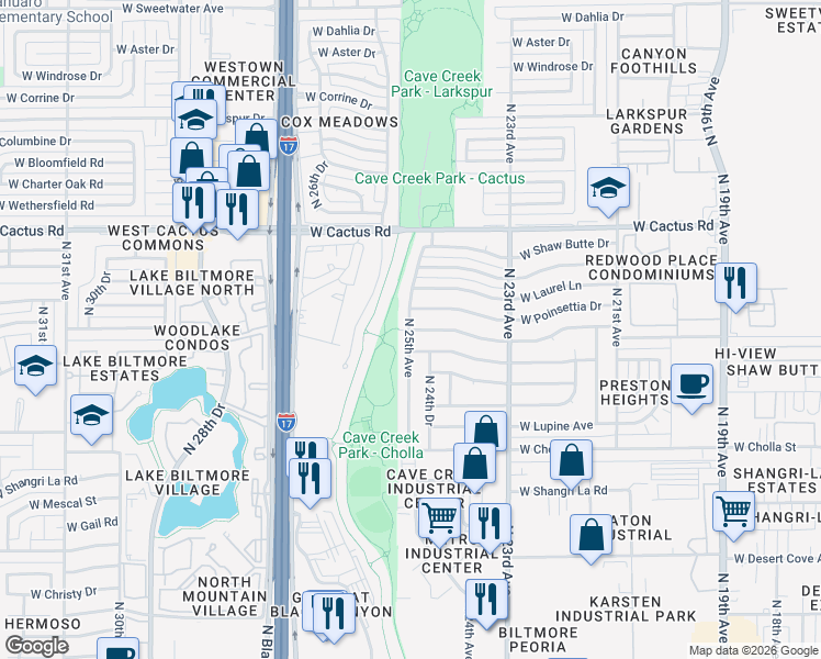 map of restaurants, bars, coffee shops, grocery stores, and more near 3417 West Sunnyside Avenue in Phoenix