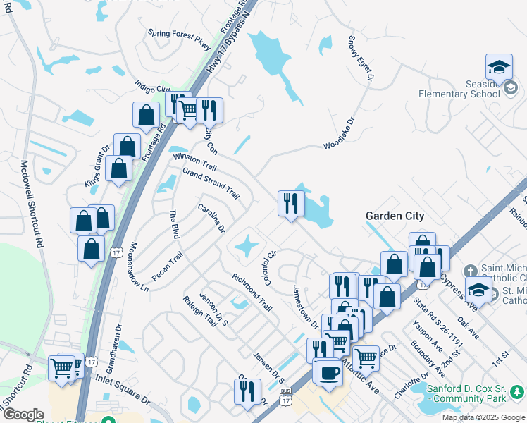 map of restaurants, bars, coffee shops, grocery stores, and more near 411 Cambridge Circle in Murrells Inlet