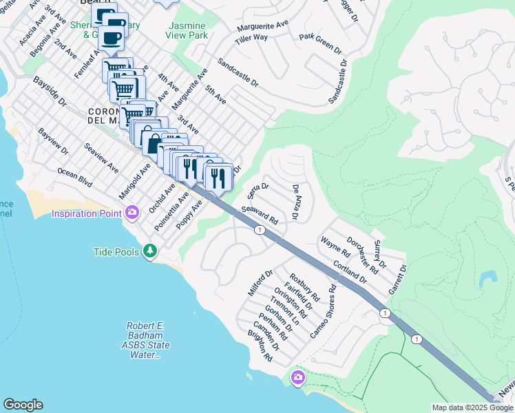 map of restaurants, bars, coffee shops, grocery stores, and more near 429 Seaward Road in Newport Beach