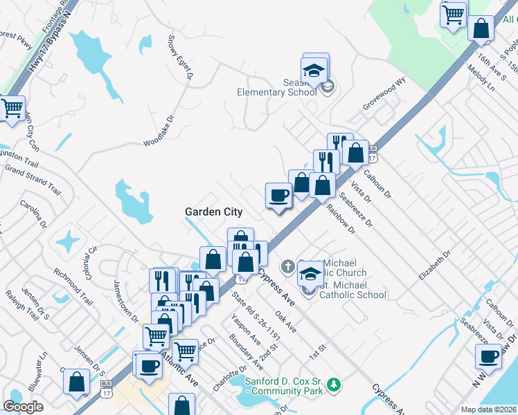 map of restaurants, bars, coffee shops, grocery stores, and more near 128 Lake Pointe Drive in Murrells Inlet