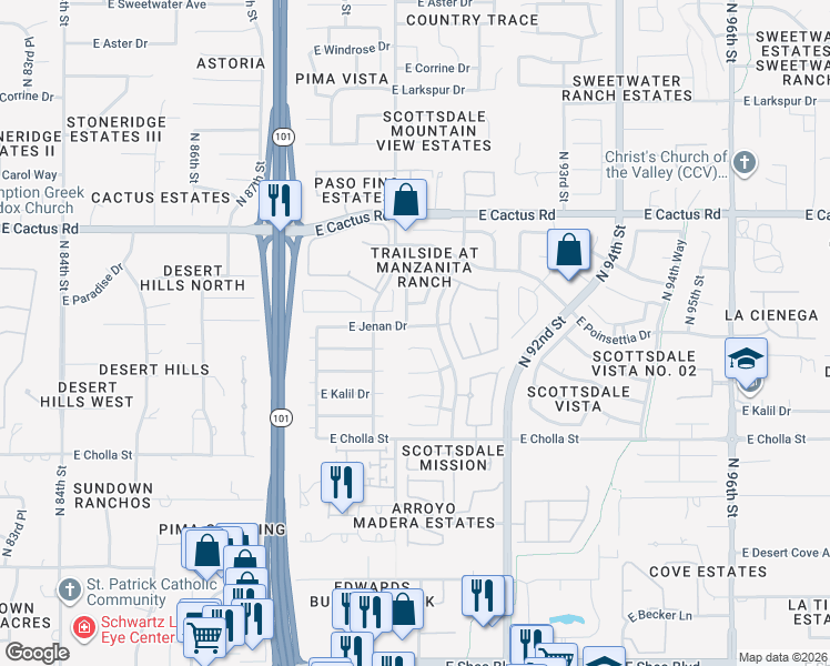 map of restaurants, bars, coffee shops, grocery stores, and more near 9025 East Altadena Avenue in Scottsdale
