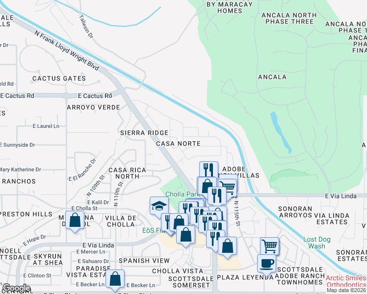 map of restaurants, bars, coffee shops, grocery stores, and more near 11750 East Jenan Drive in Scottsdale