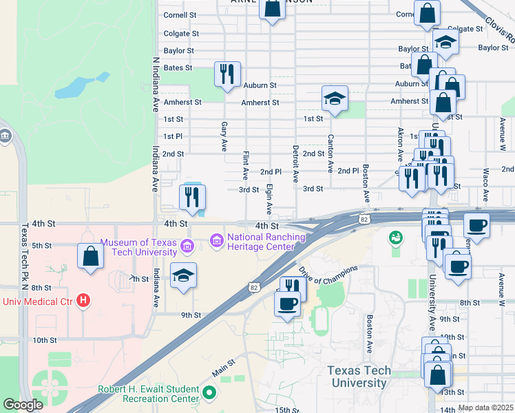 map of restaurants, bars, coffee shops, grocery stores, and more near 3002 4th Street in Lubbock
