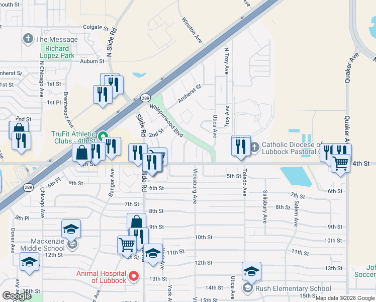 map of restaurants, bars, coffee shops, grocery stores, and more near 4902 4th Street in Lubbock