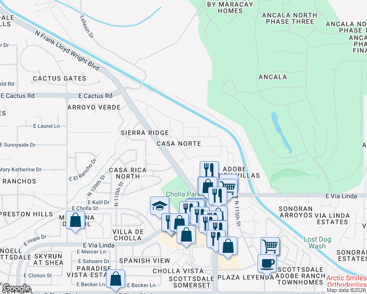 map of restaurants, bars, coffee shops, grocery stores, and more near 11750 East Jenan Drive in Scottsdale