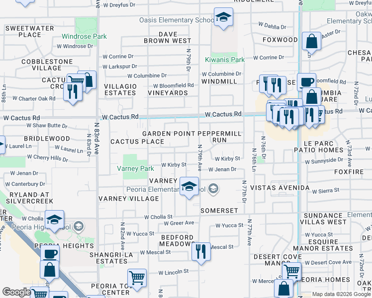 map of restaurants, bars, coffee shops, grocery stores, and more near 11843 North 79th Drive in Peoria