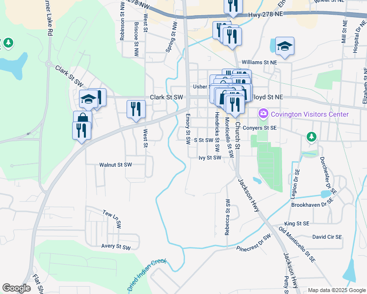 map of restaurants, bars, coffee shops, grocery stores, and more near 2228 Emory Street Southwest in Covington