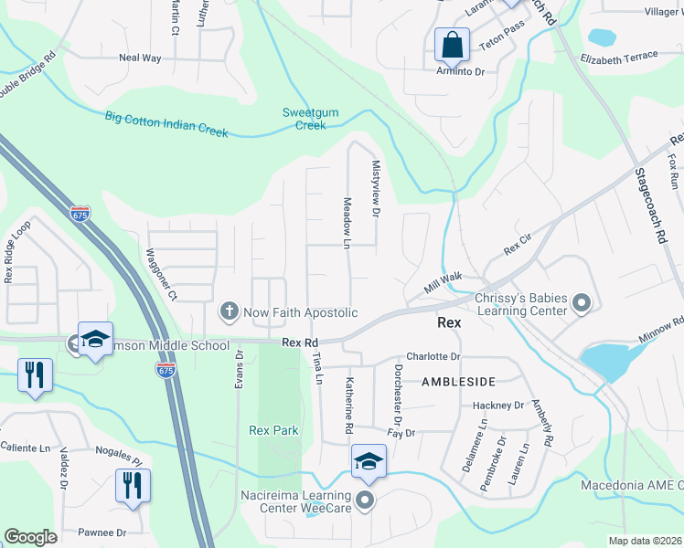 map of restaurants, bars, coffee shops, grocery stores, and more near 5907 Meadow Lane in Rex