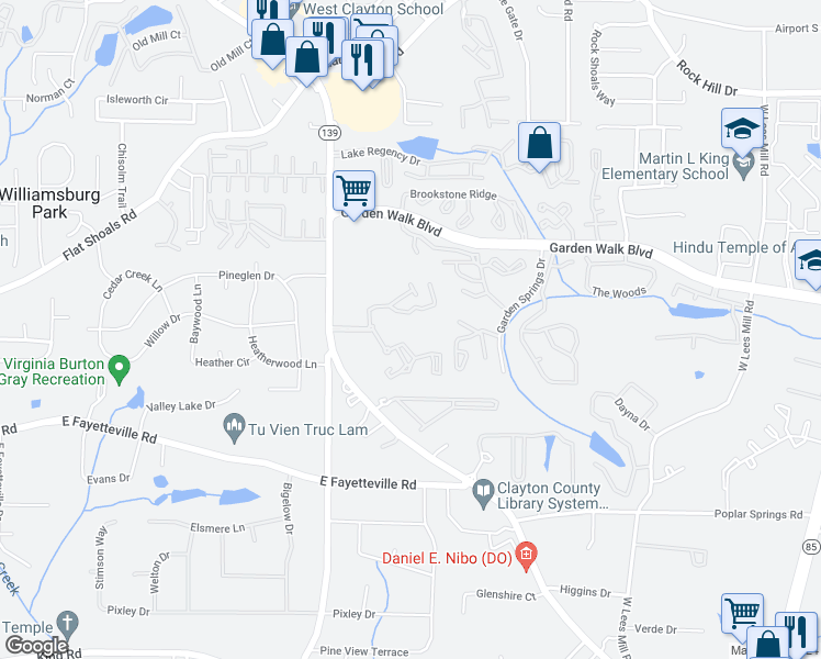 map of restaurants, bars, coffee shops, grocery stores, and more near 5890 Riverdale Road in Atlanta