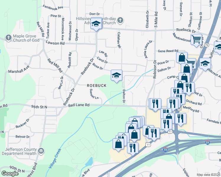 map of restaurants, bars, coffee shops, grocery stores, and more near 5 Sunset Lane in Birmingham