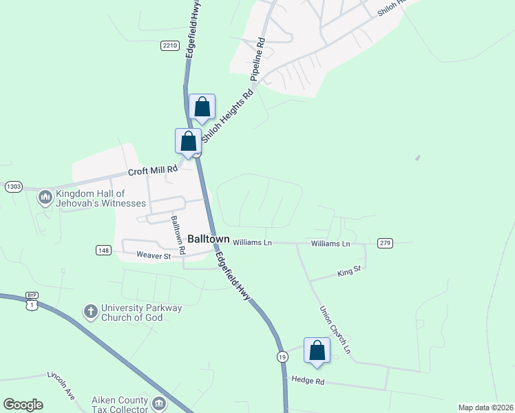 map of restaurants, bars, coffee shops, grocery stores, and more near 1268 Edgefield Highway in Aiken